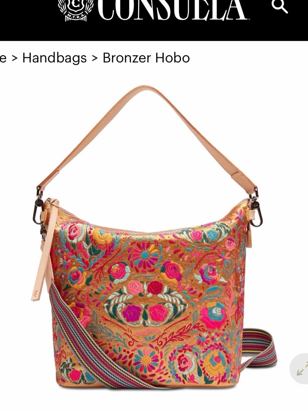 Consuela Bronzer Hobo Shoulder Bag in Tan with Multicolor Floral Embroidery